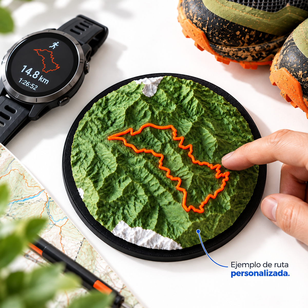 Mapa 3D de una ruta de trail junto a un reloj deportivo y calzado; ejemplo de personalización de 3DISON.