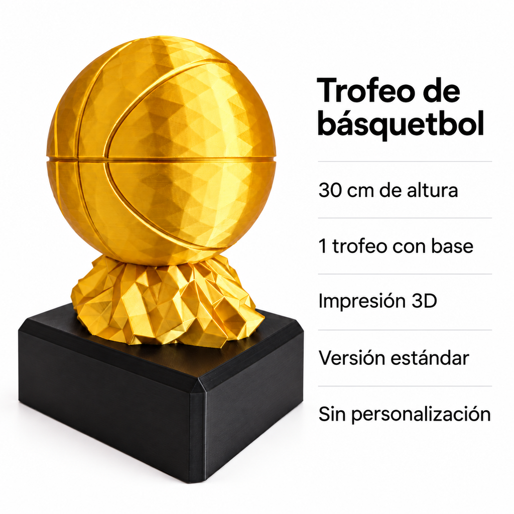 Trofeo Básquetbol 30 Cm Con Base Impreso En 3D. Ficha visual de características.