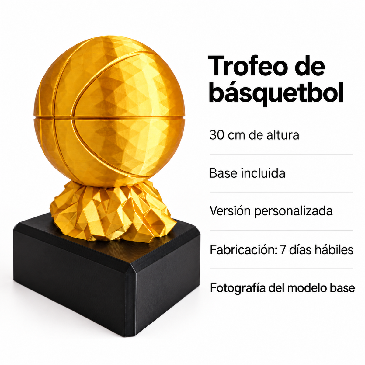 Trofeo Básquetbol Personalizado 30 Cm Con Base Impreso 3D. Ficha visual de características; las fotografías muestran el modelo base.