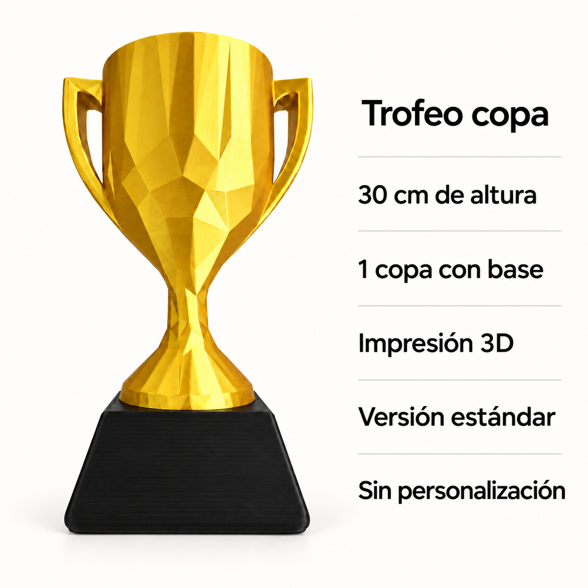 Trofeo Copa 30 Cm Con Base Para Premiación Impreso En 3D. Ficha visual de características.