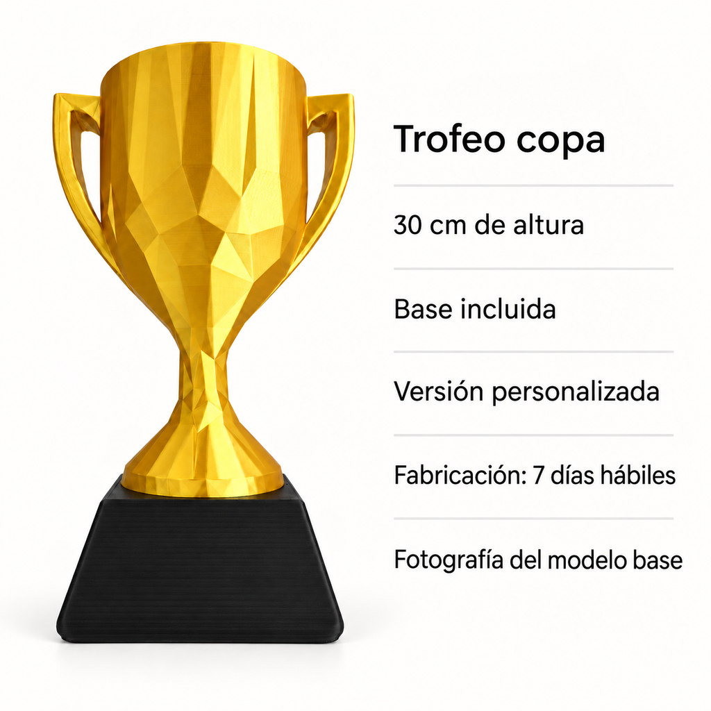 Trofeo Copa Personalizado 30 Cm Con Base Impreso En 3D. Ficha visual de características; las fotografías muestran el modelo base.