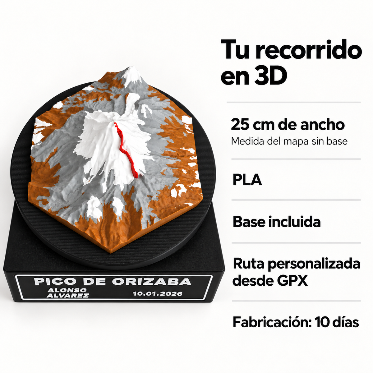 Mapa 3D Personalizado De Carrera Con Relieve Y Base 25 Cm. Ficha visual de características.