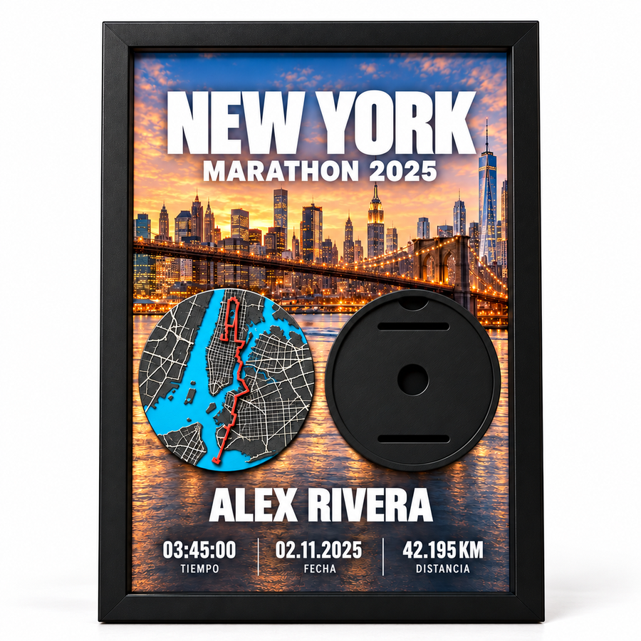 Cuadro Maratones Majors con Mapa 3D y Portamedalla — Nueva York