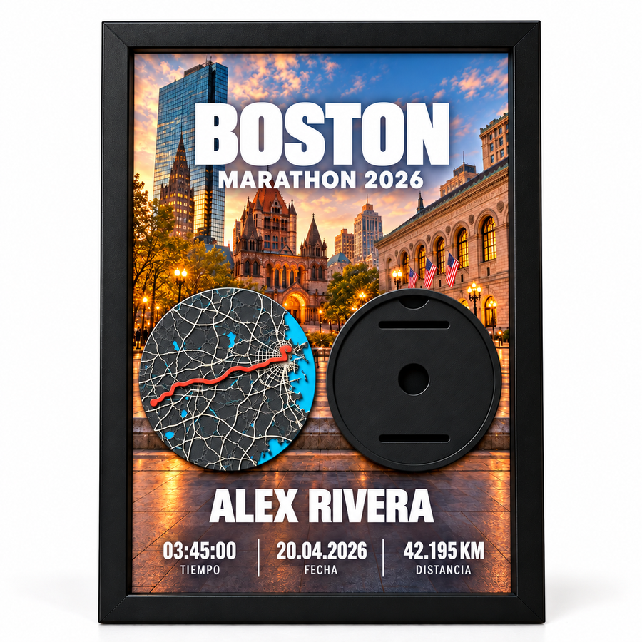 Cuadro Maratones Majors con Mapa 3D y Portamedalla — Boston