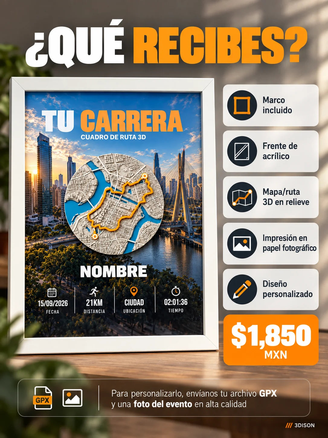 Contenido del cuadro personalizado y precio de 1,850 MXN.
