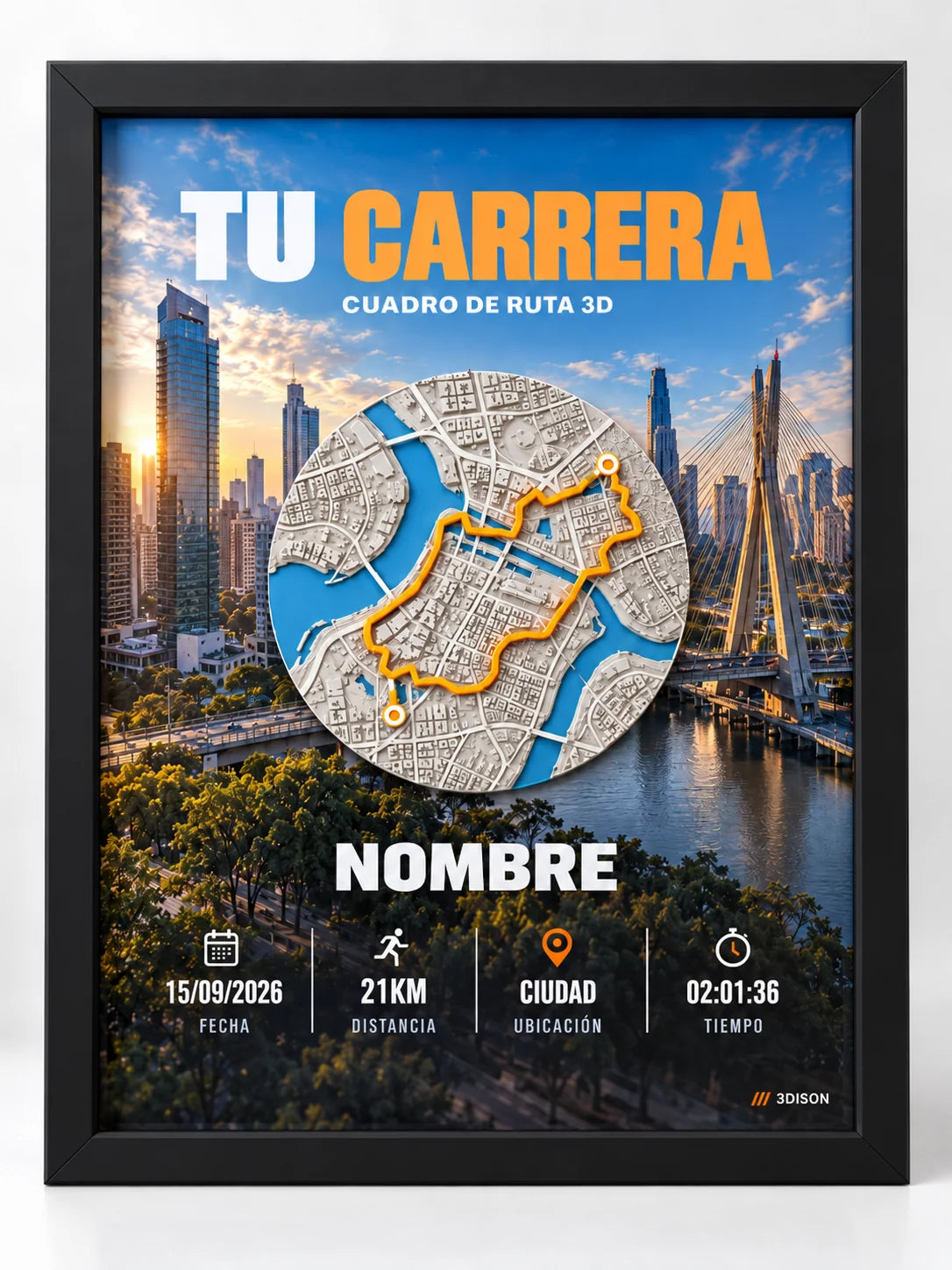 Cuadro de carrera con ruta 3D personalizada, Negro; presentación del producto.
