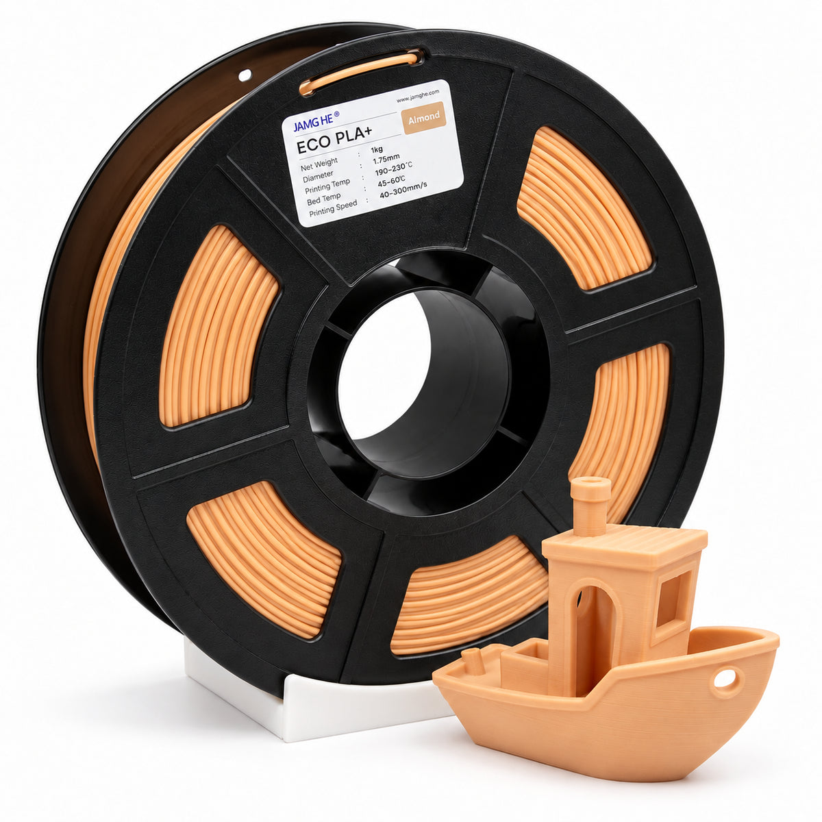 Filamento JAMG HE ECO PLA 1.75 mm — 1 kg, Almendra; presentación del producto.