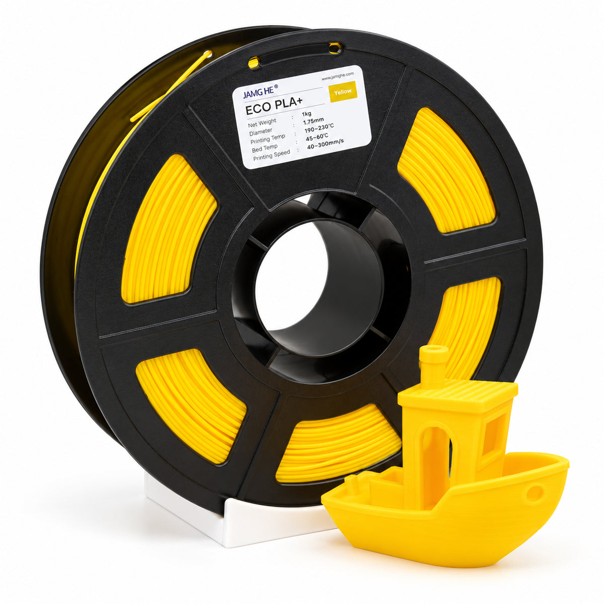 Filamento JAMG HE ECO PLA 1.75 mm — 1 kg, Amarillo; presentación del producto.