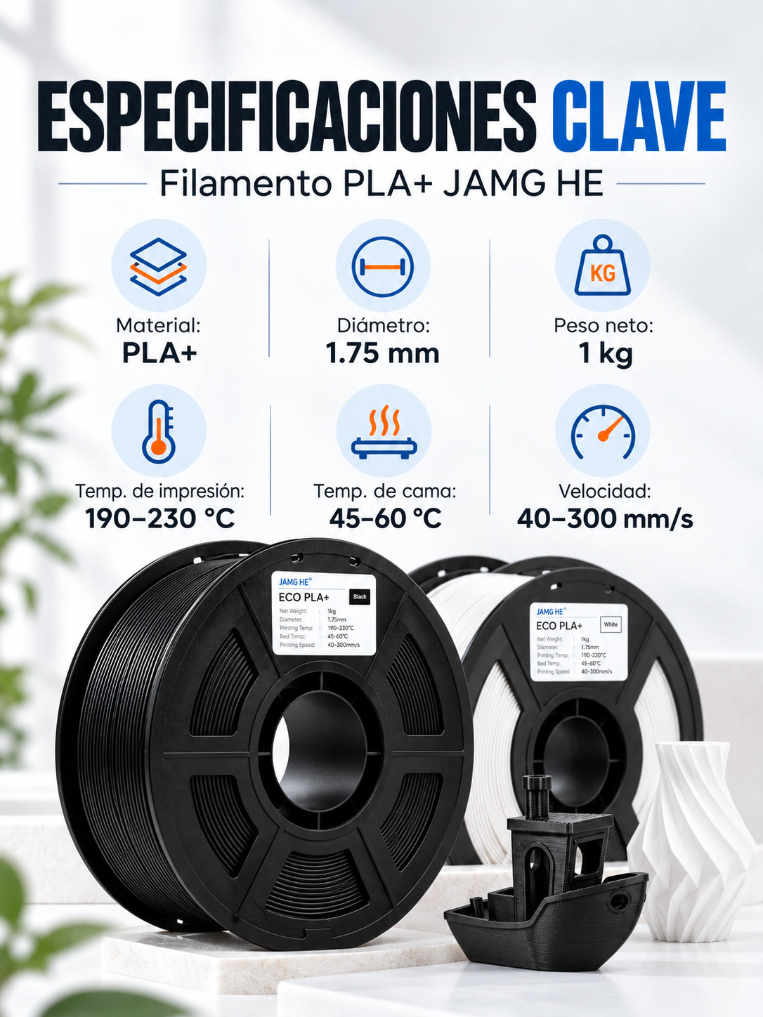 Especificaciones del filamento JAMG HE PLA+.