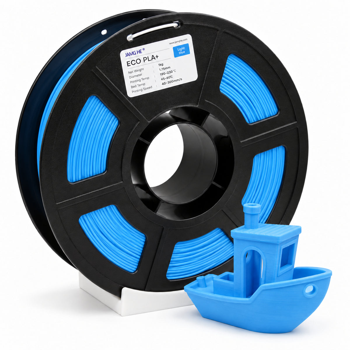 Filamento JAMG HE ECO PLA 1.75 mm — 1 kg, Azul claro; presentación del producto.