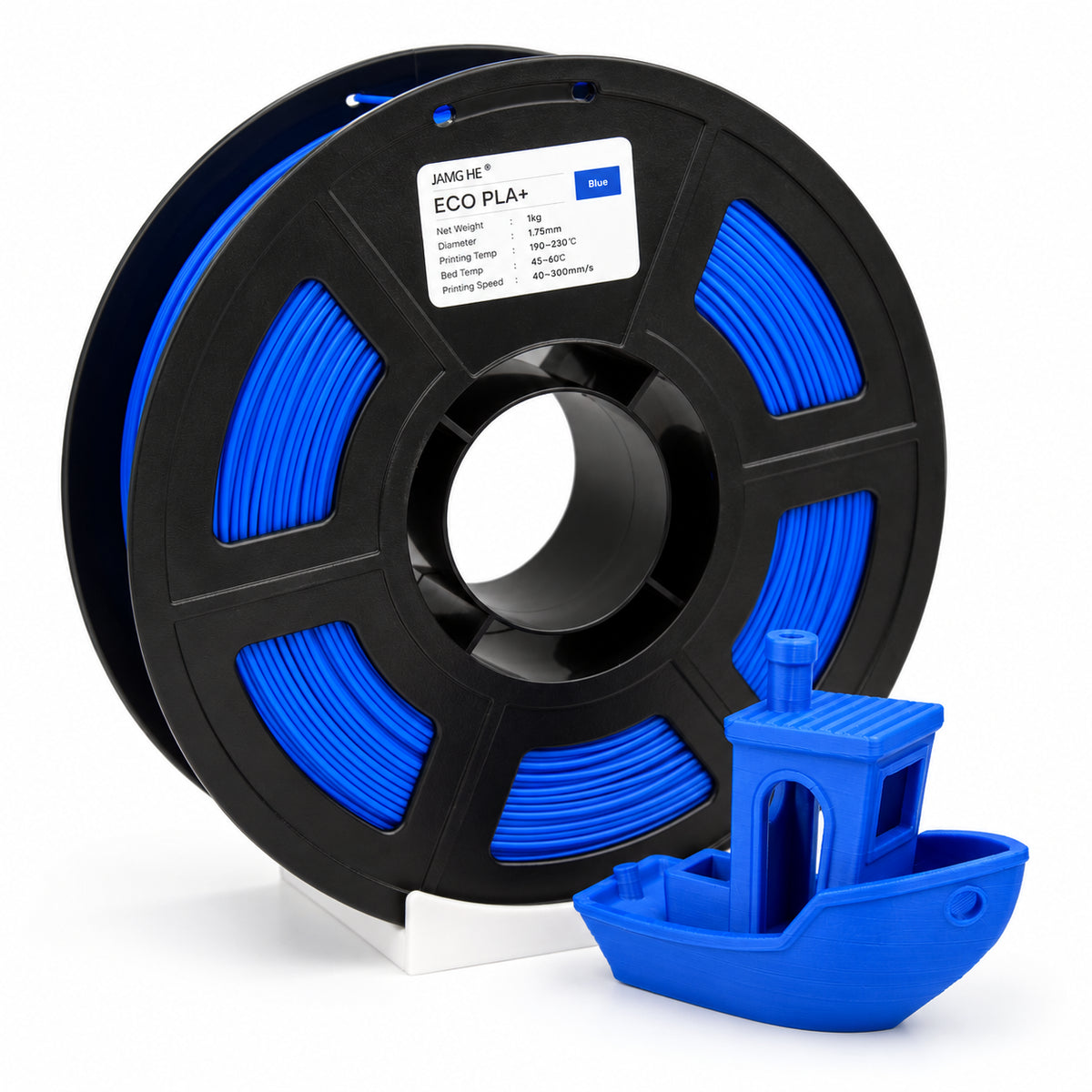 Filamento JAMG HE ECO PLA 1.75 mm — 1 kg, Azul; presentación del producto.