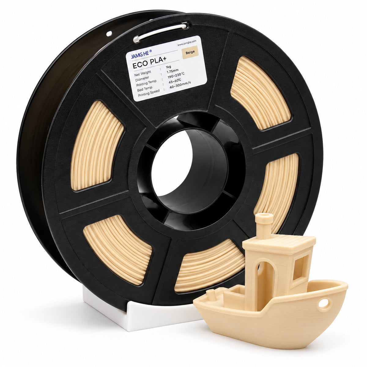 Filamento JAMG HE ECO PLA 1.75 mm — 1 kg, Beige; presentación del producto.