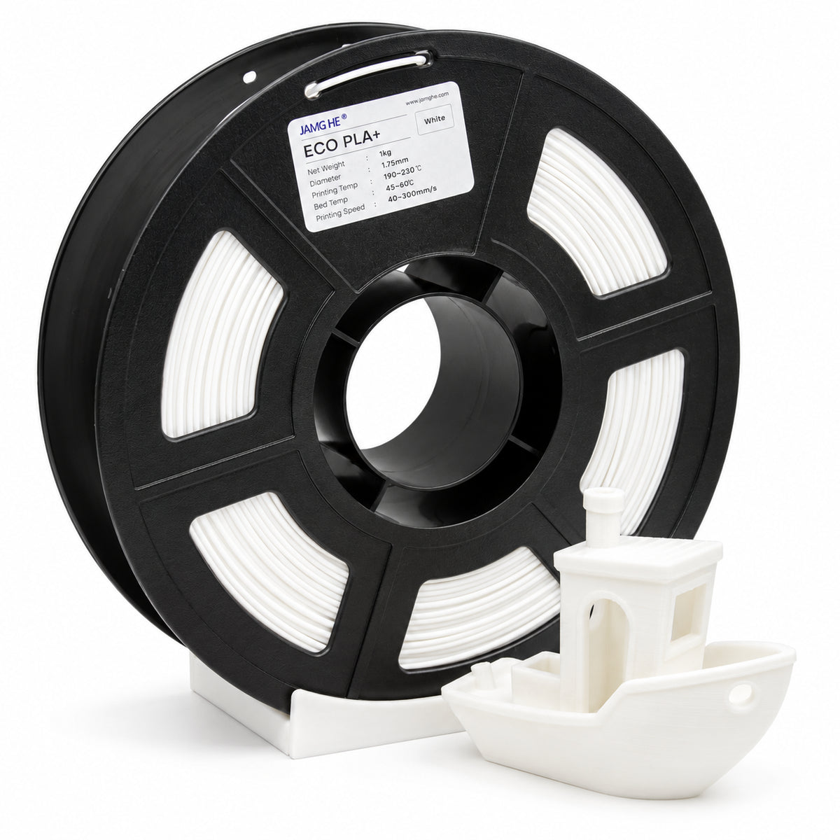 Filamento JAMG HE ECO PLA 1.75 mm — 1 kg, Blanco; presentación del producto.
