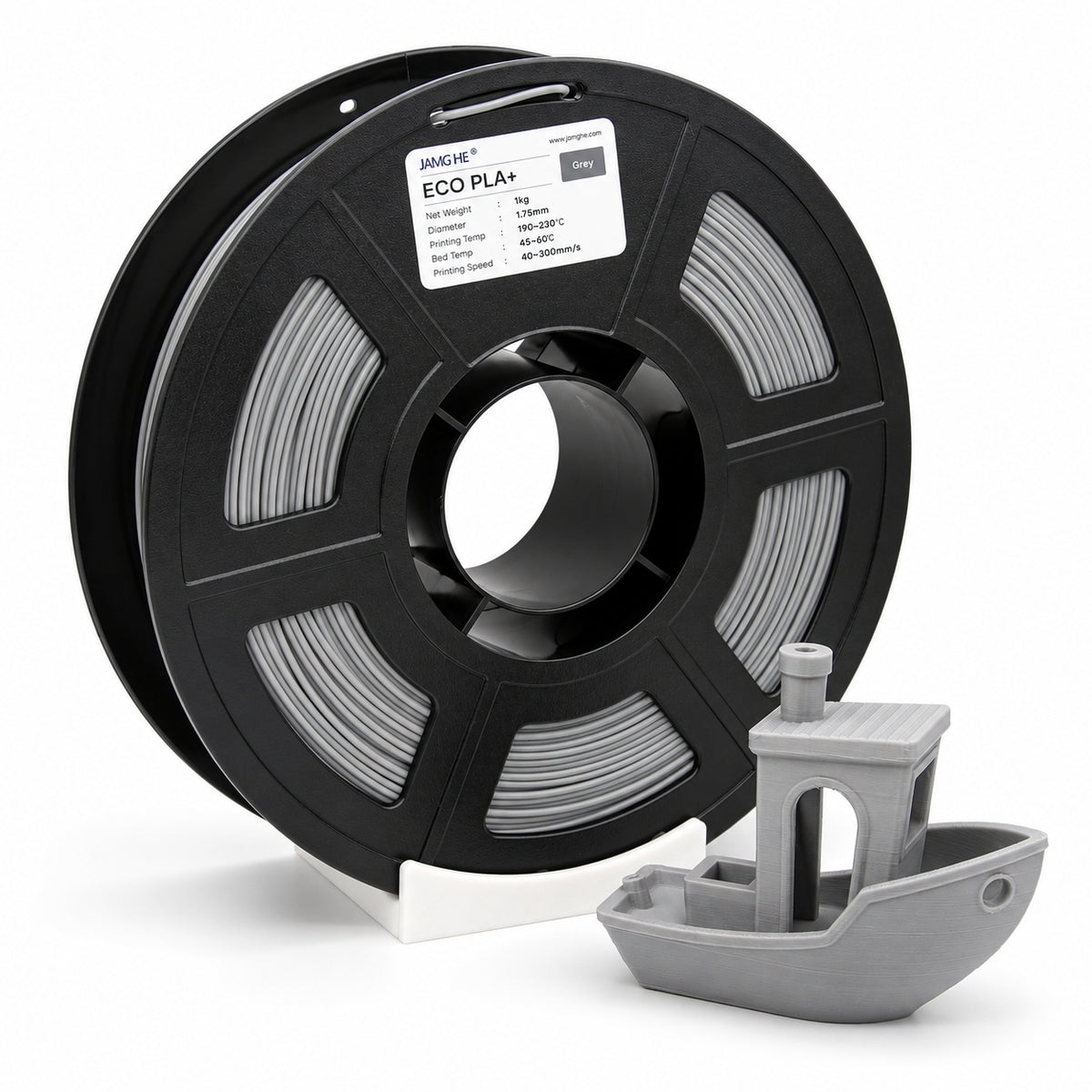 Filamento JAMG HE ECO PLA 1.75 mm — 1 kg, Gris; presentación del producto.