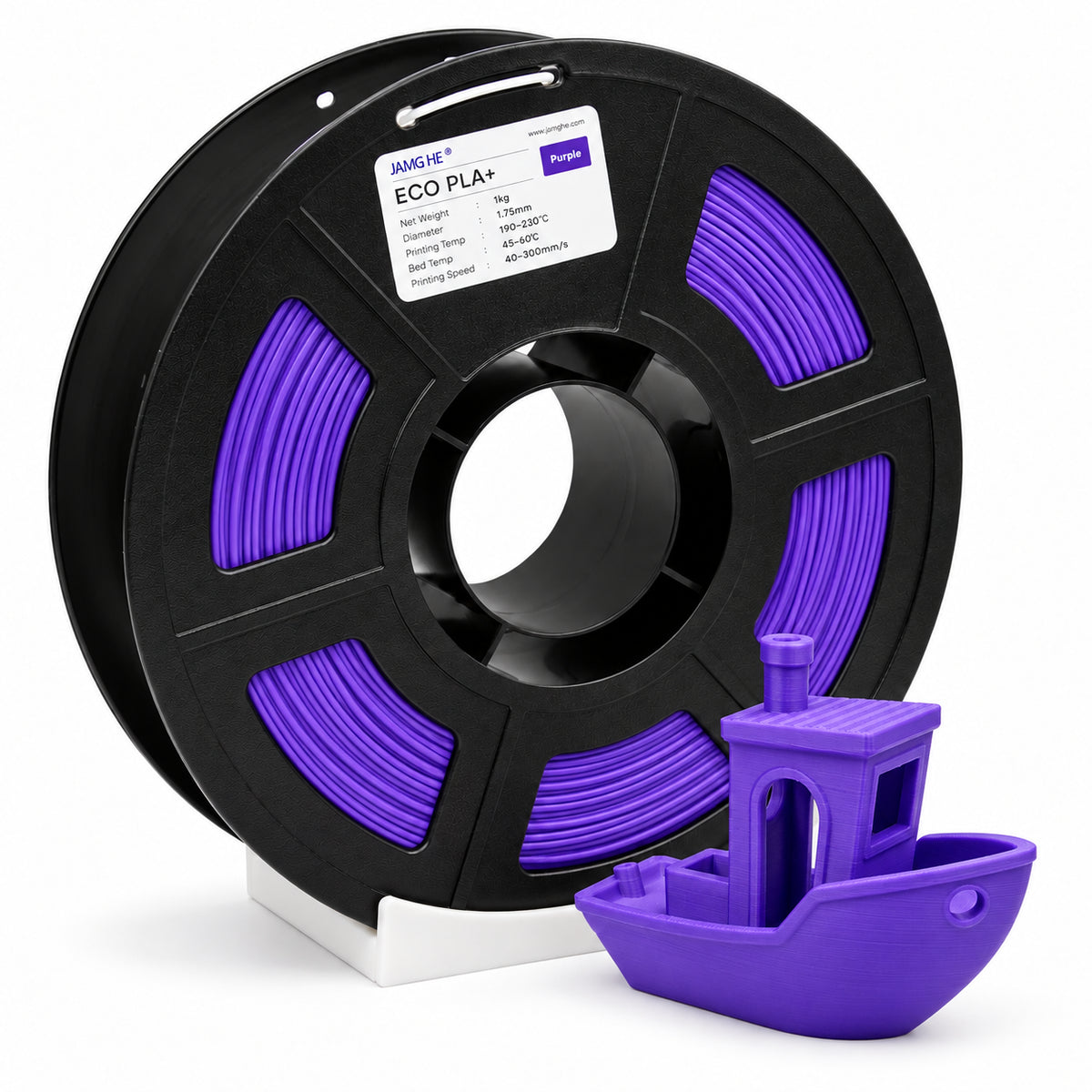 Filamento JAMG HE ECO PLA 1.75 mm — 1 kg, Morado; presentación del producto.