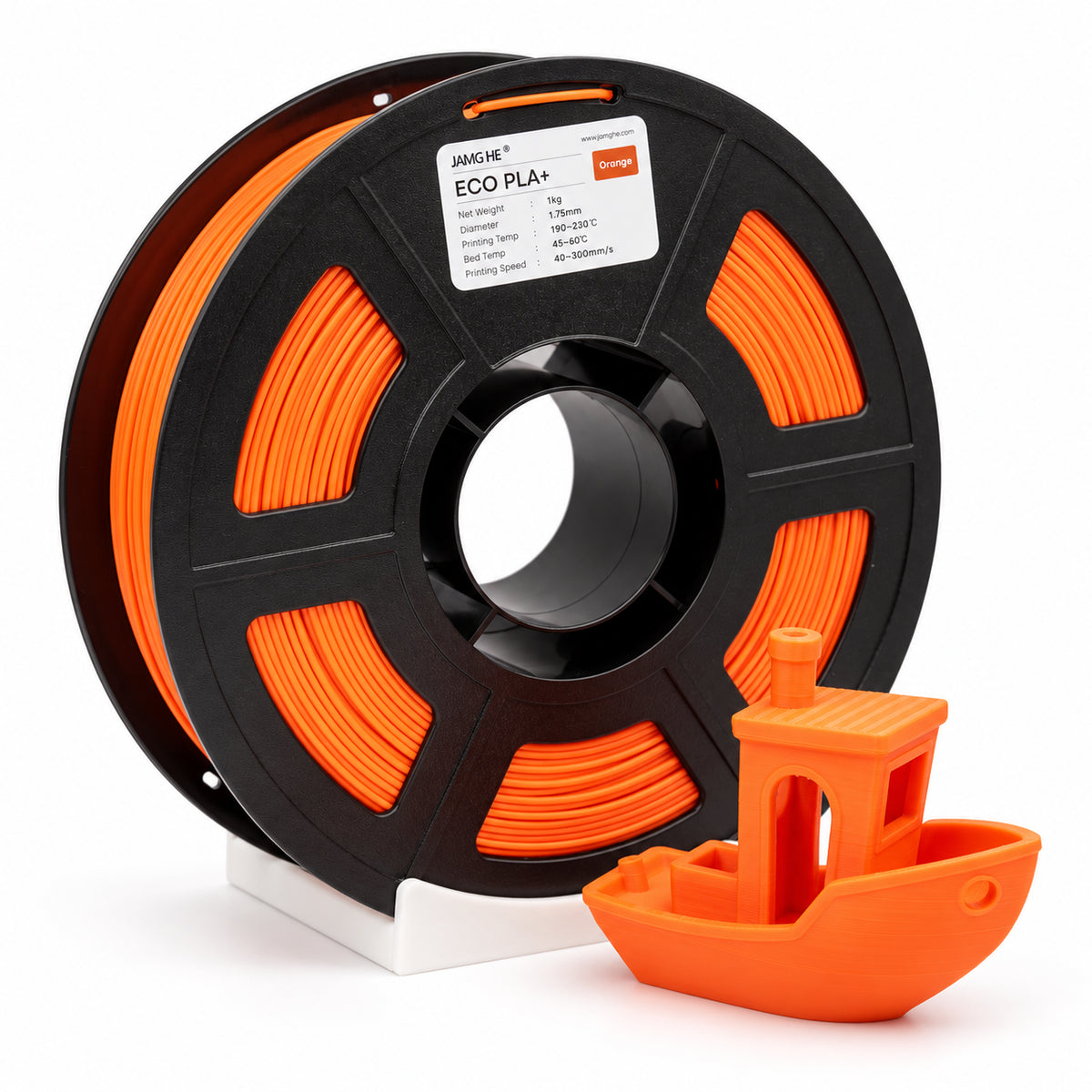 Filamento JAMG HE ECO PLA 1.75 mm — 1 kg, Naranja; presentación del producto.