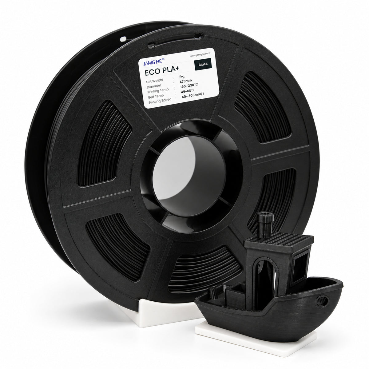 Filamento JAMG HE ECO PLA 1.75 mm — 1 kg, Negro; presentación del producto.