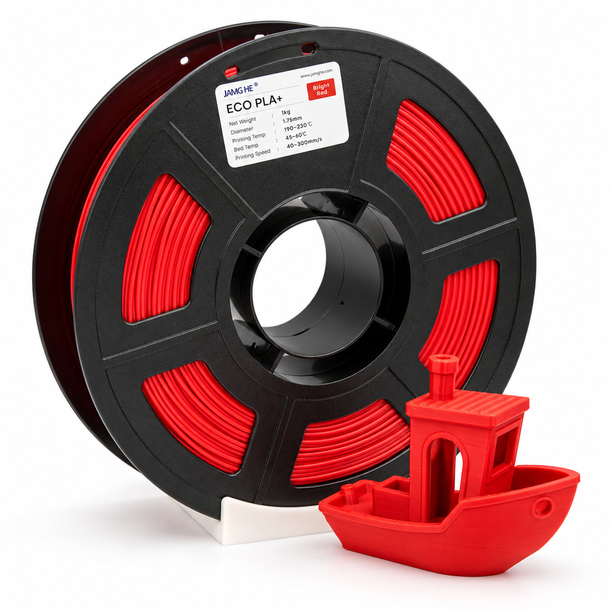 Filamento JAMG HE ECO PLA 1.75 mm — 1 kg, Rojo brillante; presentación del producto.