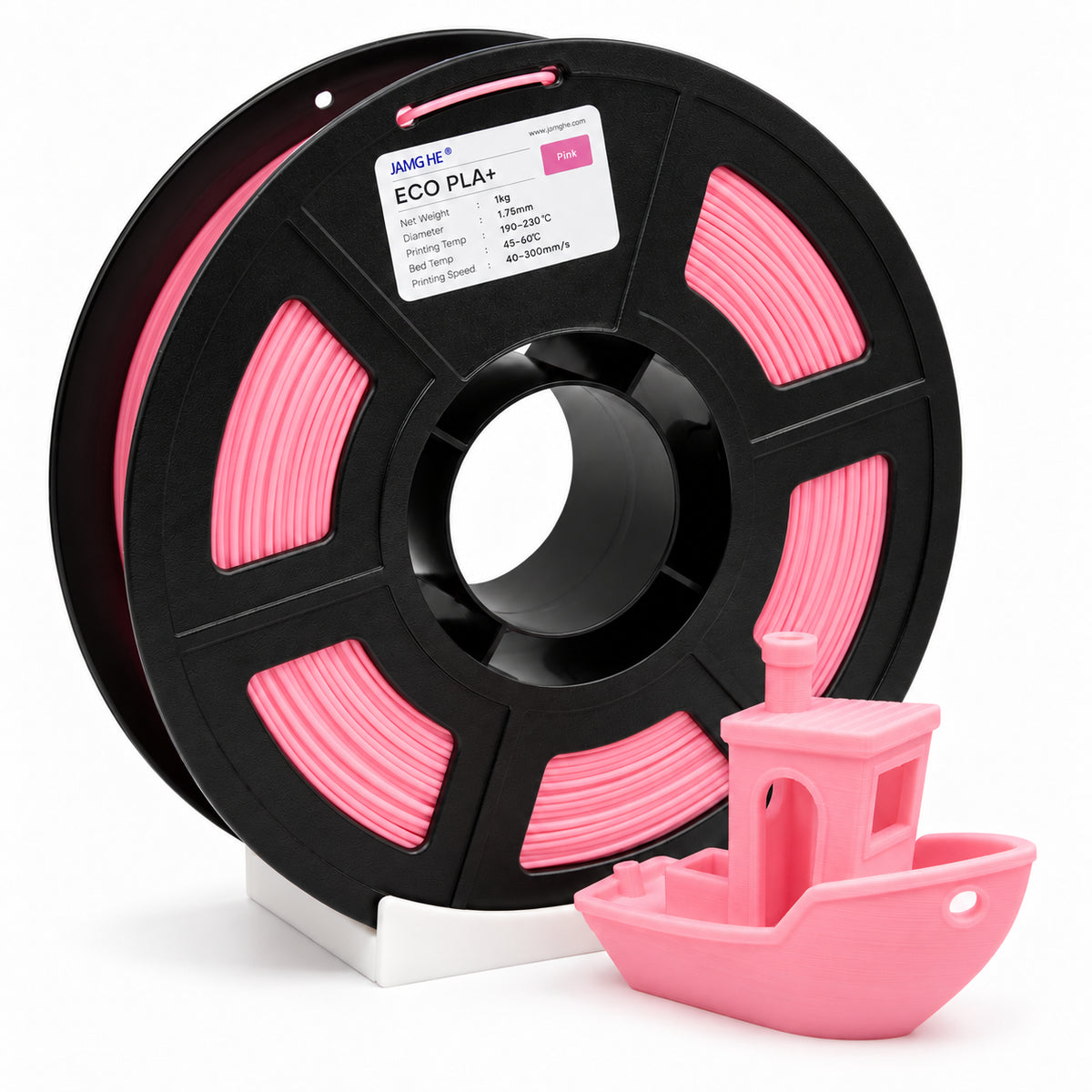 Filamento JAMG HE ECO PLA 1.75 mm — 1 kg, Rosa; presentación del producto.