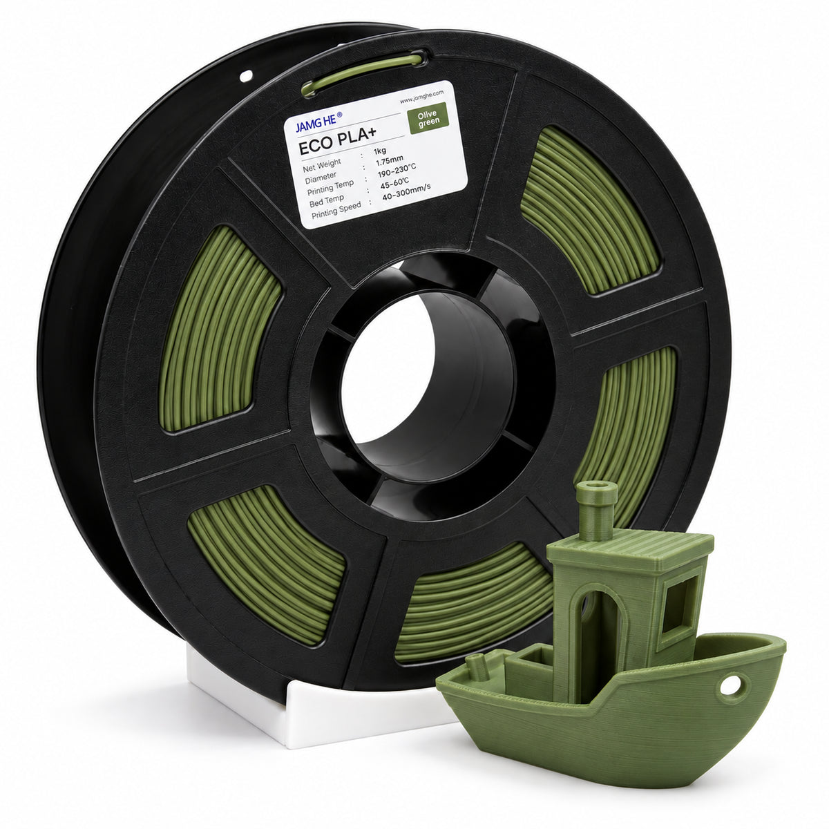 Filamento JAMG HE ECO PLA 1.75 mm — 1 kg, Verde oliva; presentación del producto.