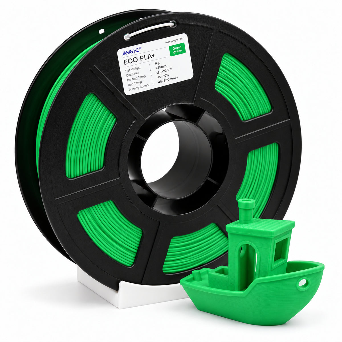 Filamento JAMG HE ECO PLA 1.75 mm — 1 kg, Verde pasto; presentación del producto.