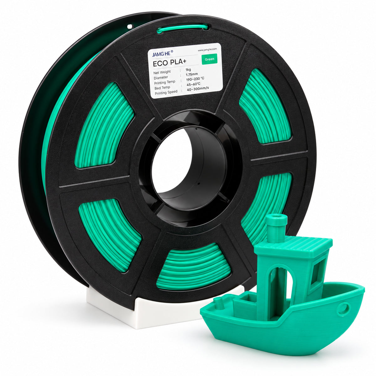 Filamento JAMG HE ECO PLA 1.75 mm — 1 kg, Verde; presentación del producto.