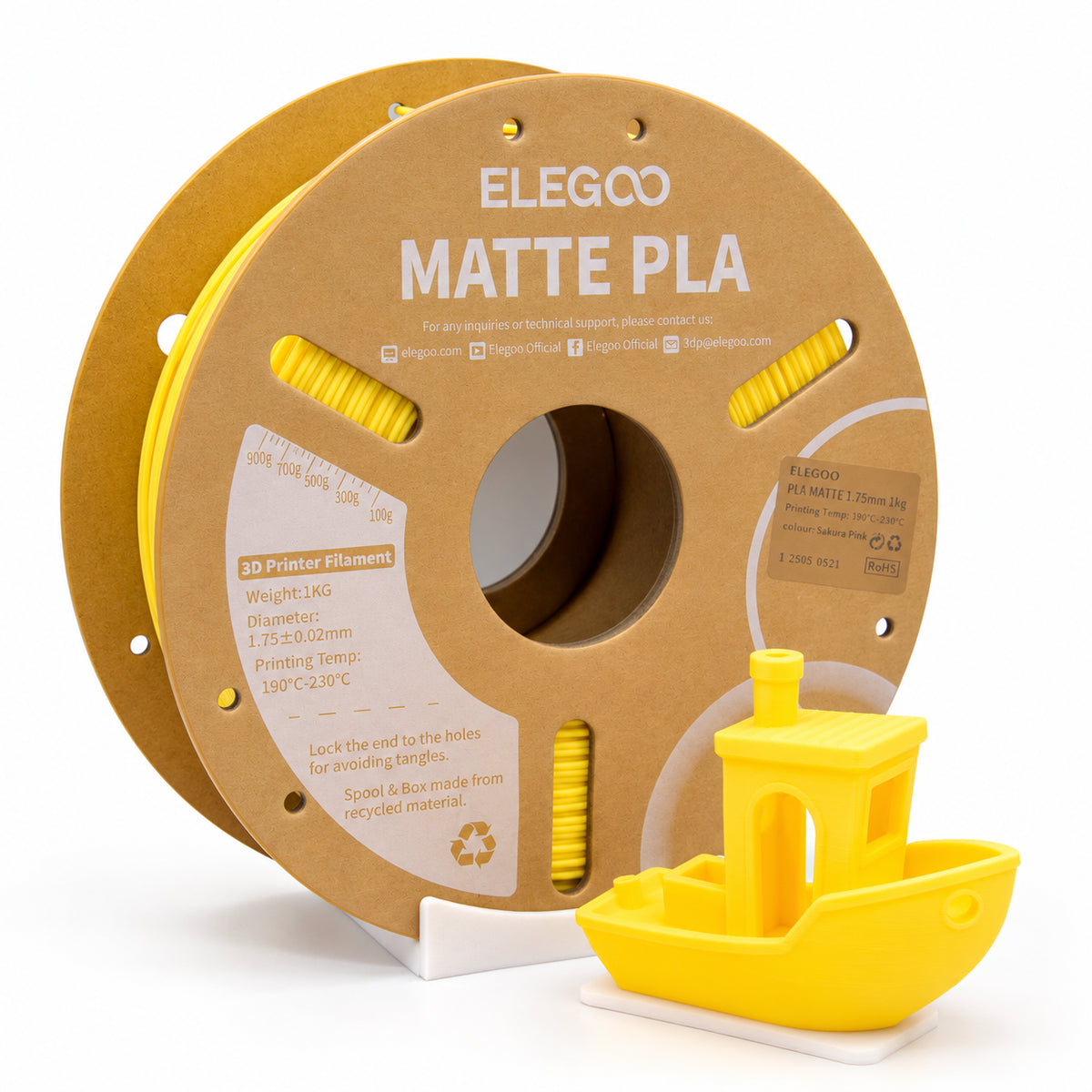 Filamento PLA Mate ELEGOO 1.75 mm — 1 kg, Amarillo; presentación del producto.