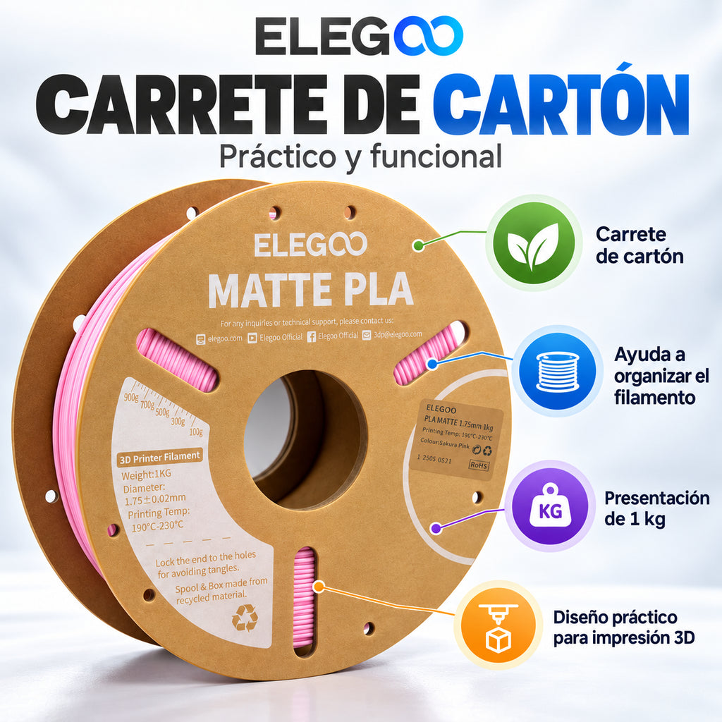 Carrete de cartón de ELEGOO PLA Mate de 1 kg.