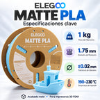 Especificaciones del filamento ELEGOO PLA Mate.