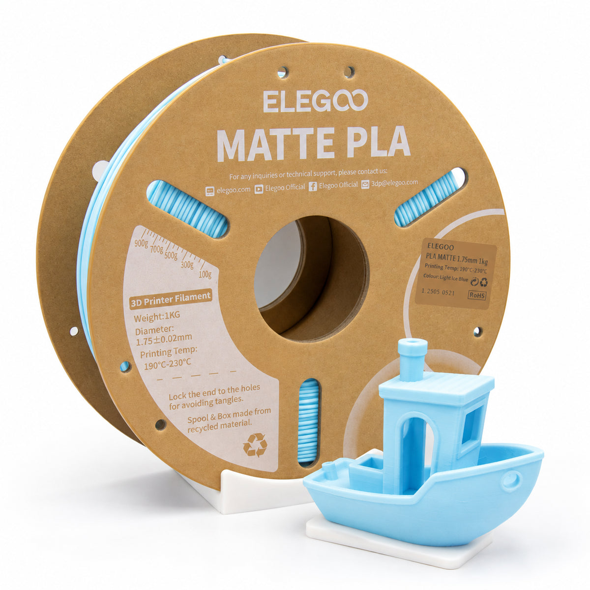 Filamento PLA Mate ELEGOO 1.75 mm — 1 kg, Azul cielo; presentación del producto.