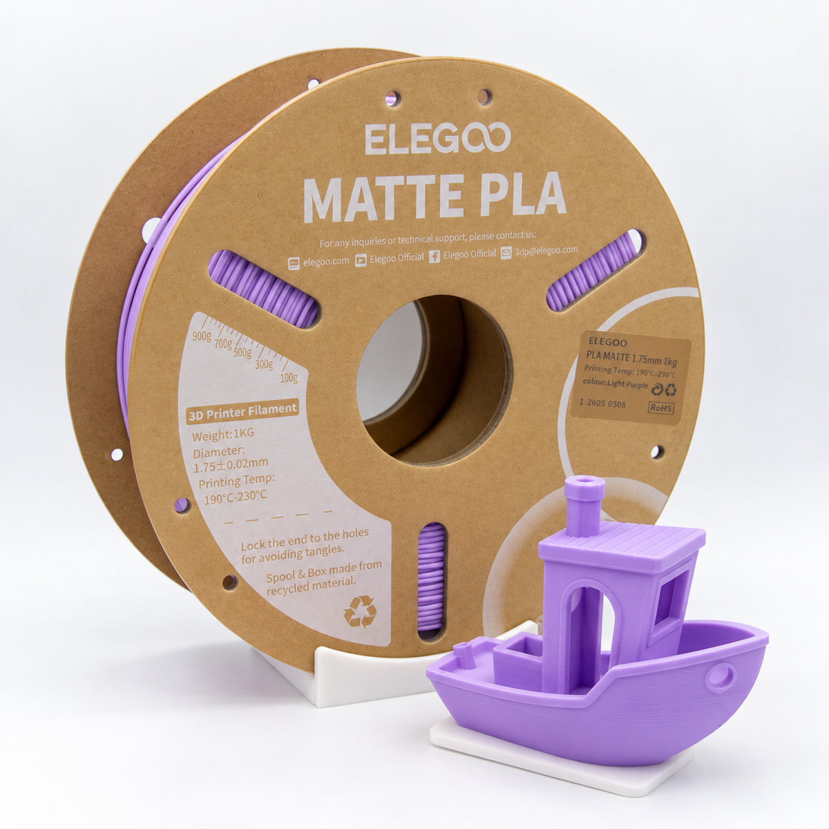 Filamento PLA Mate ELEGOO 1.75 mm — 1 kg, Morado; presentación del producto.