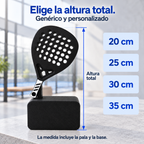 Guía de alturas para trofeos de pádel genérico y personalizado: 20, 25, 30 y 35 cm de altura total, incluida la base.