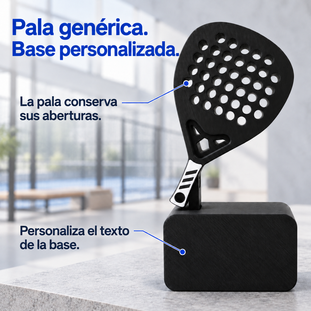 Pala genérica con aberturas y texto personalizable en la base.