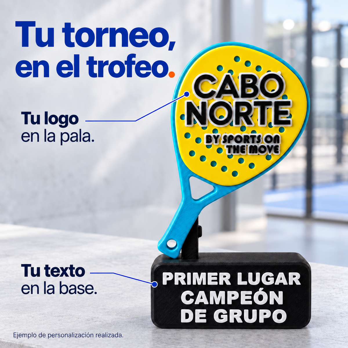 Las dos zonas de personalización: logo en la pala y texto en la base.