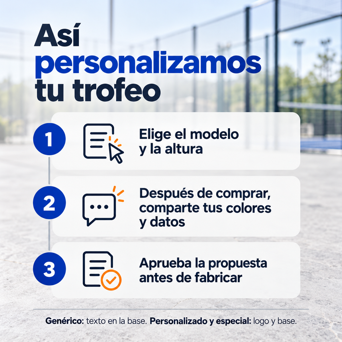 Cómo personalizamos tu trofeo: elige modelo y altura; después de comprar comparte colores y datos; aprueba la propuesta antes de fabricar.