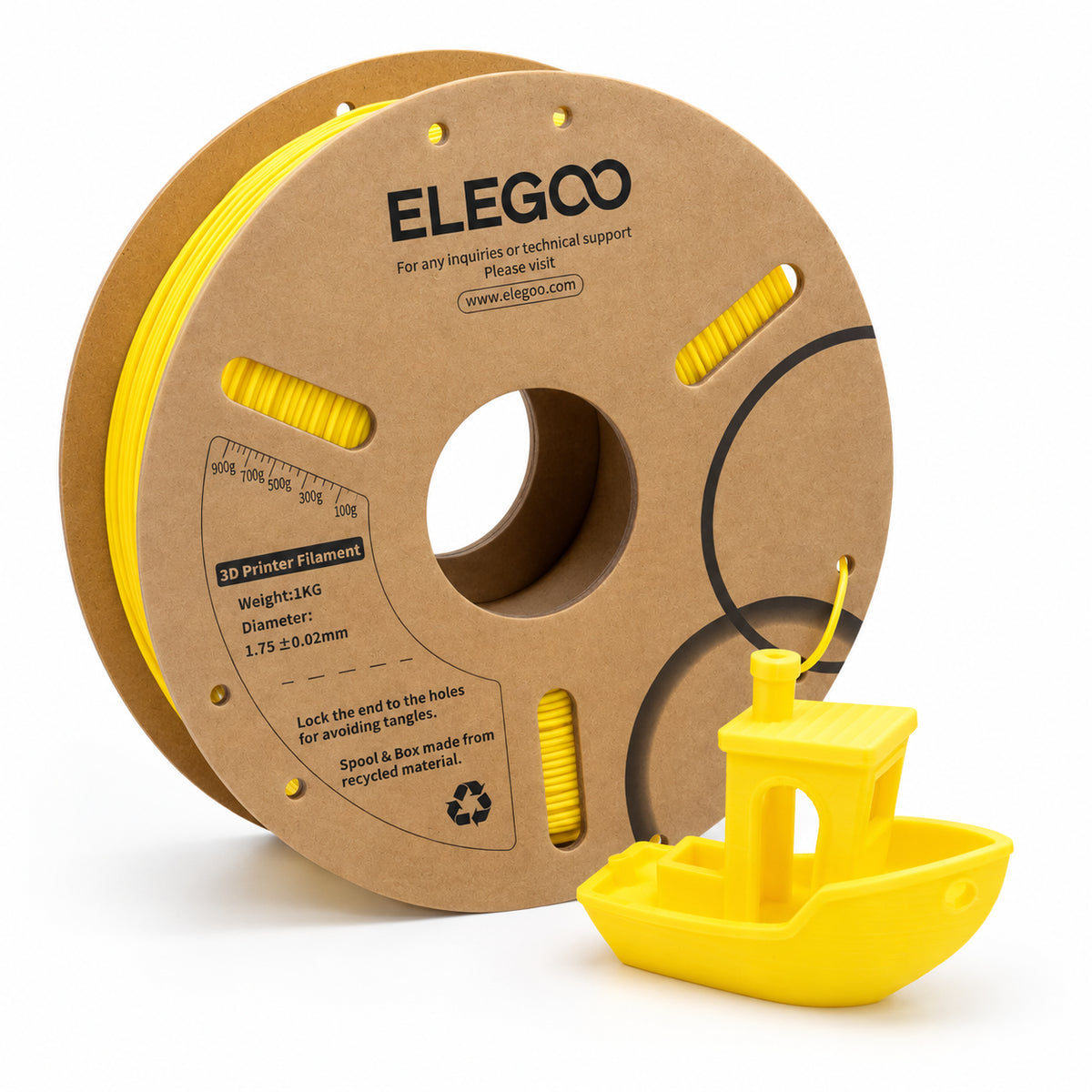 Filamento PLA ELEGOO 1.75 mm — 1 kg, Amarillo; presentación del producto.