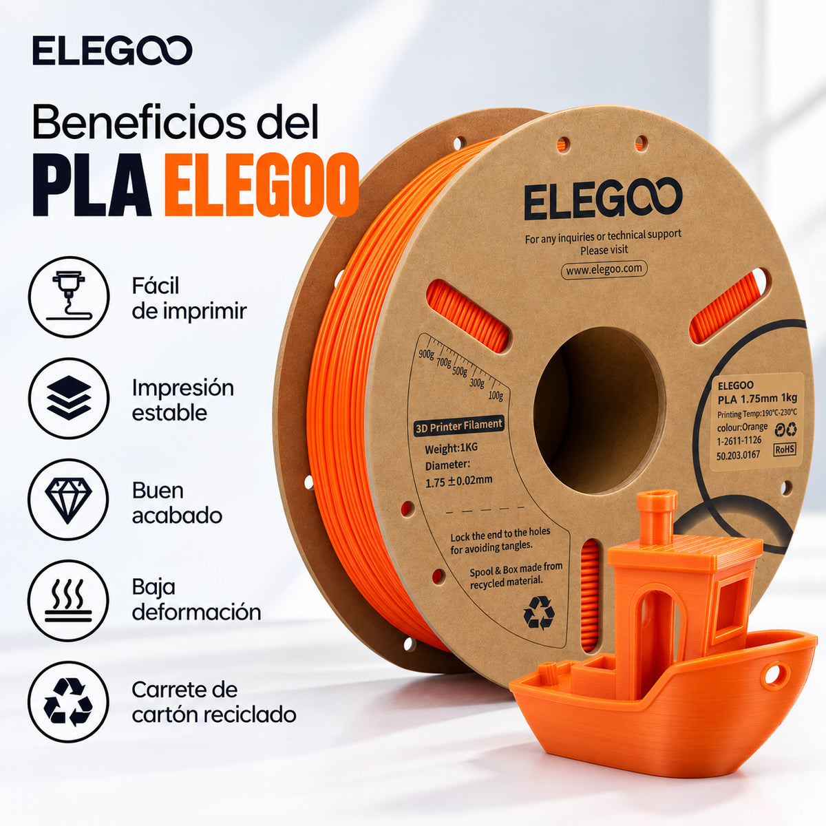 Características y beneficios del filamento ELEGOO PLA.