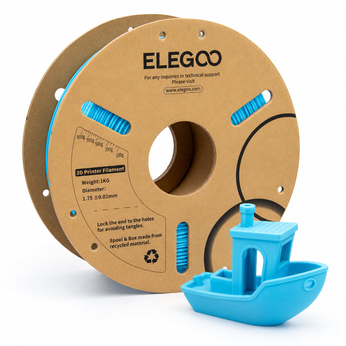 Filamento PLA ELEGOO 1.75 mm — 1 kg, Azul cielo; presentación del producto.