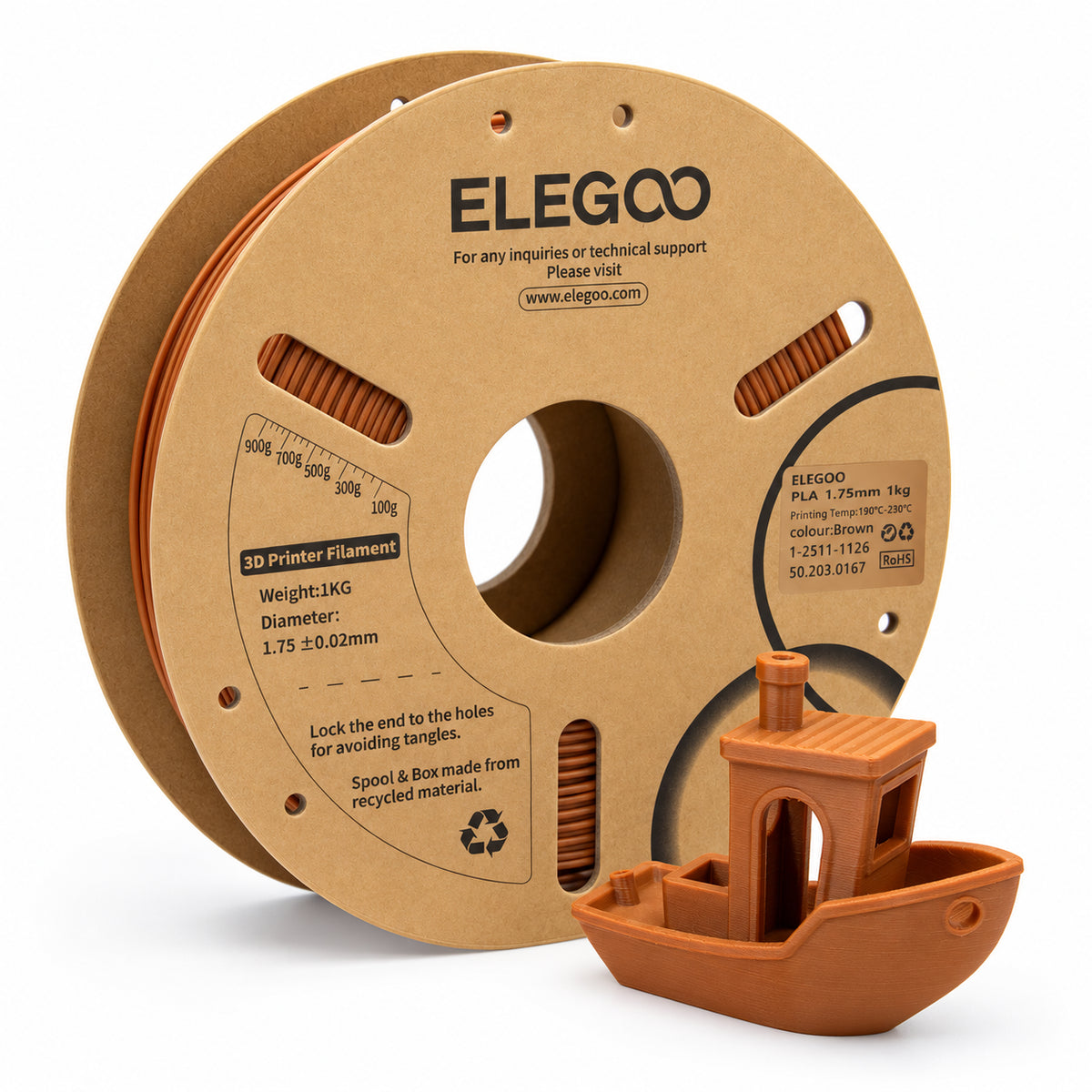 Filamento PLA ELEGOO 1.75 mm — 1 kg, Café; presentación del producto.