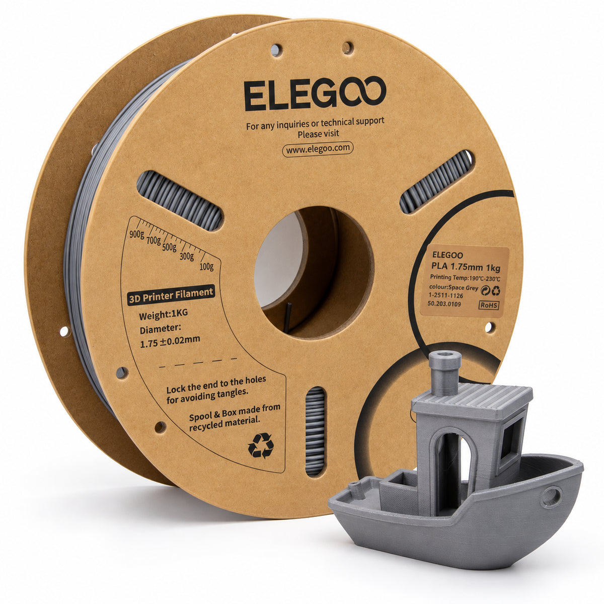 Filamento PLA ELEGOO 1.75 mm — 1 kg, Gris espacial; presentación del producto.
