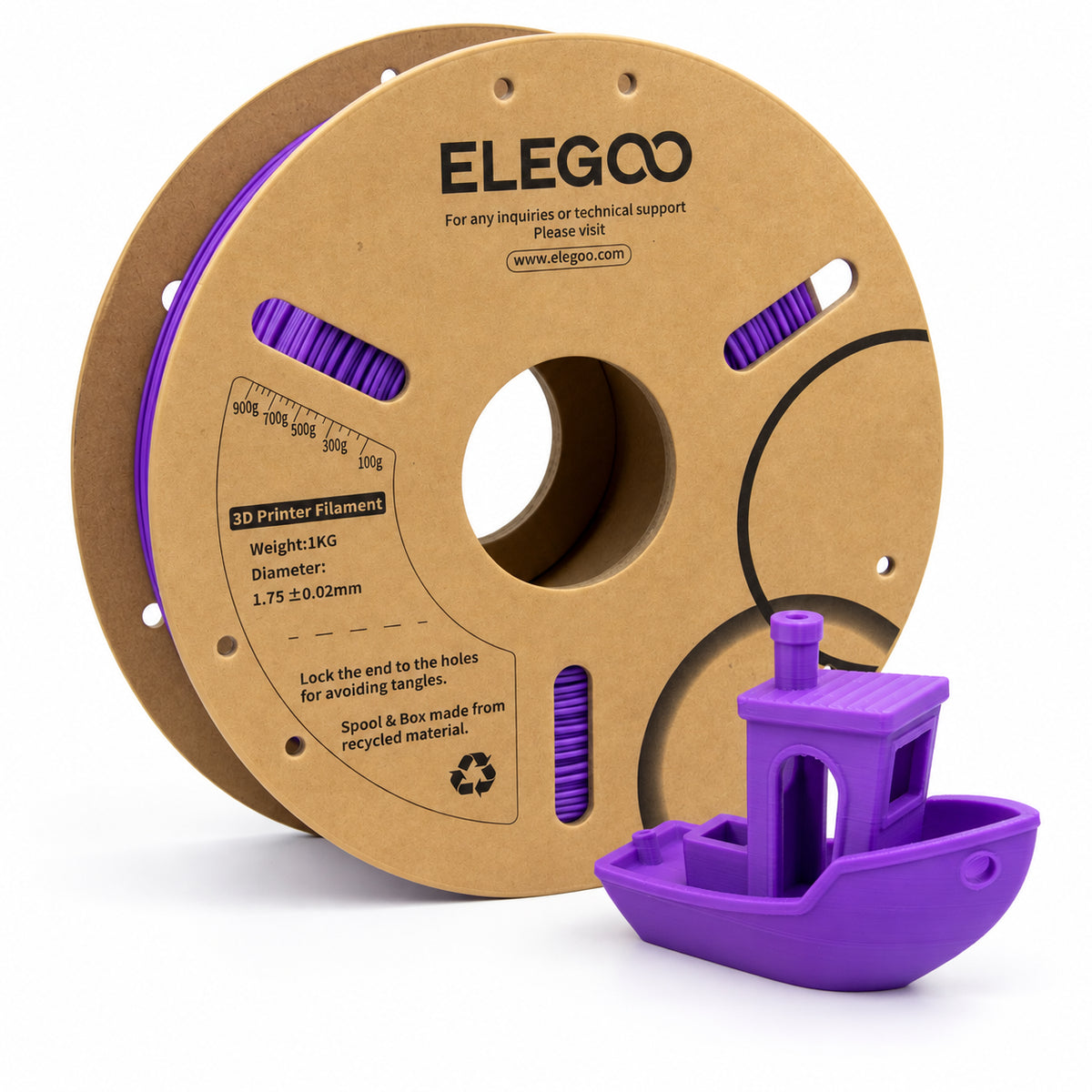 Filamento PLA ELEGOO 1.75 mm — 1 kg, Morado; presentación del producto.