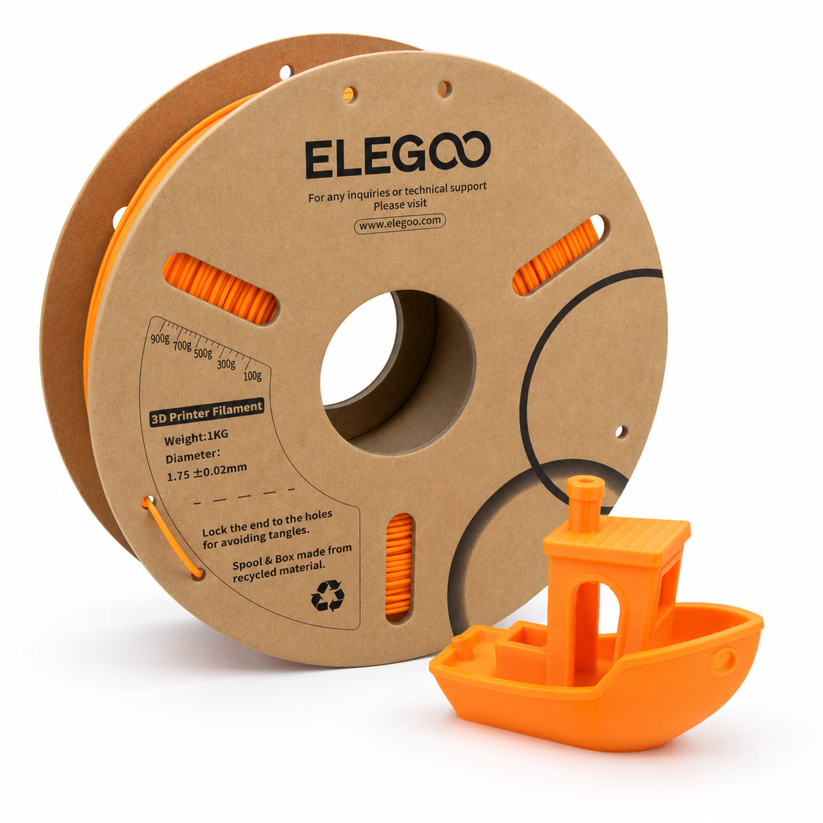 Filamento PLA ELEGOO 1.75 mm — 1 kg, Naranja; presentación del producto.