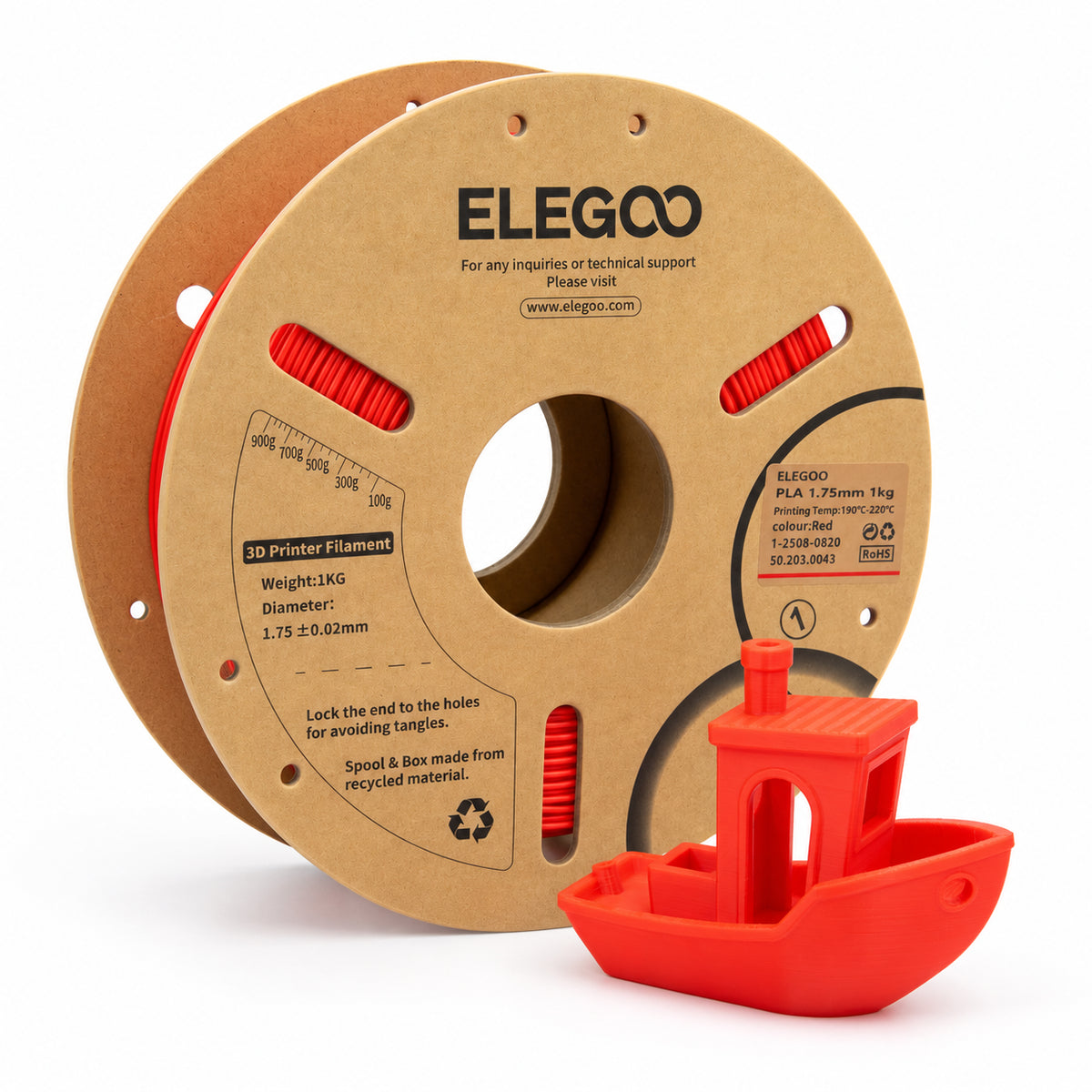 Filamento PLA ELEGOO 1.75 mm — 1 kg, Rojo; presentación del producto.