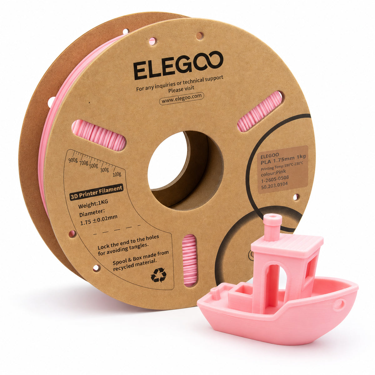 Filamento PLA ELEGOO 1.75 mm — 1 kg, Rosa; presentación del producto.