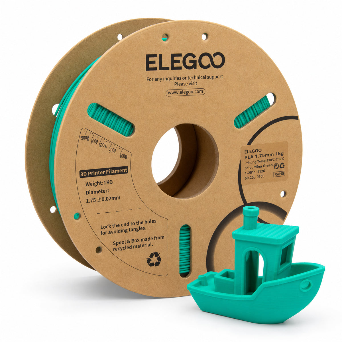 Filamento PLA ELEGOO 1.75 mm — 1 kg, Verde mar; presentación del producto.