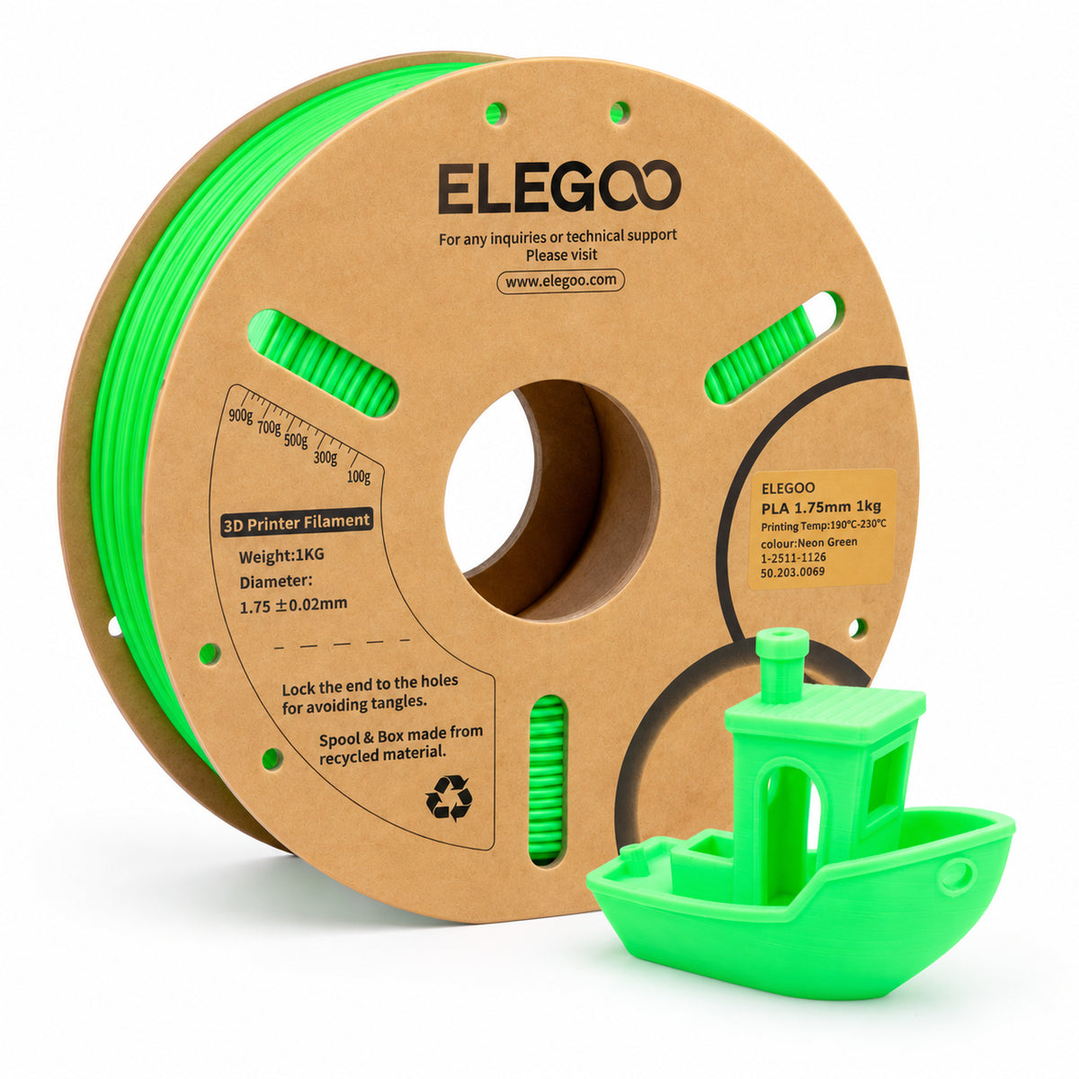 Filamento PLA ELEGOO 1.75 mm — 1 kg, Verde neón; presentación del producto.