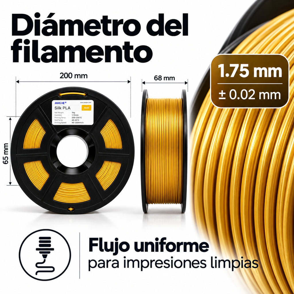 Diámetro de 1.75 mm y presentación del filamento Silk PLA.