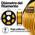 Diámetro de 1.75 mm y presentación del filamento Silk PLA.