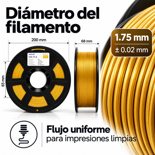 Diámetro de 1.75 mm y presentación del filamento Silk PLA.