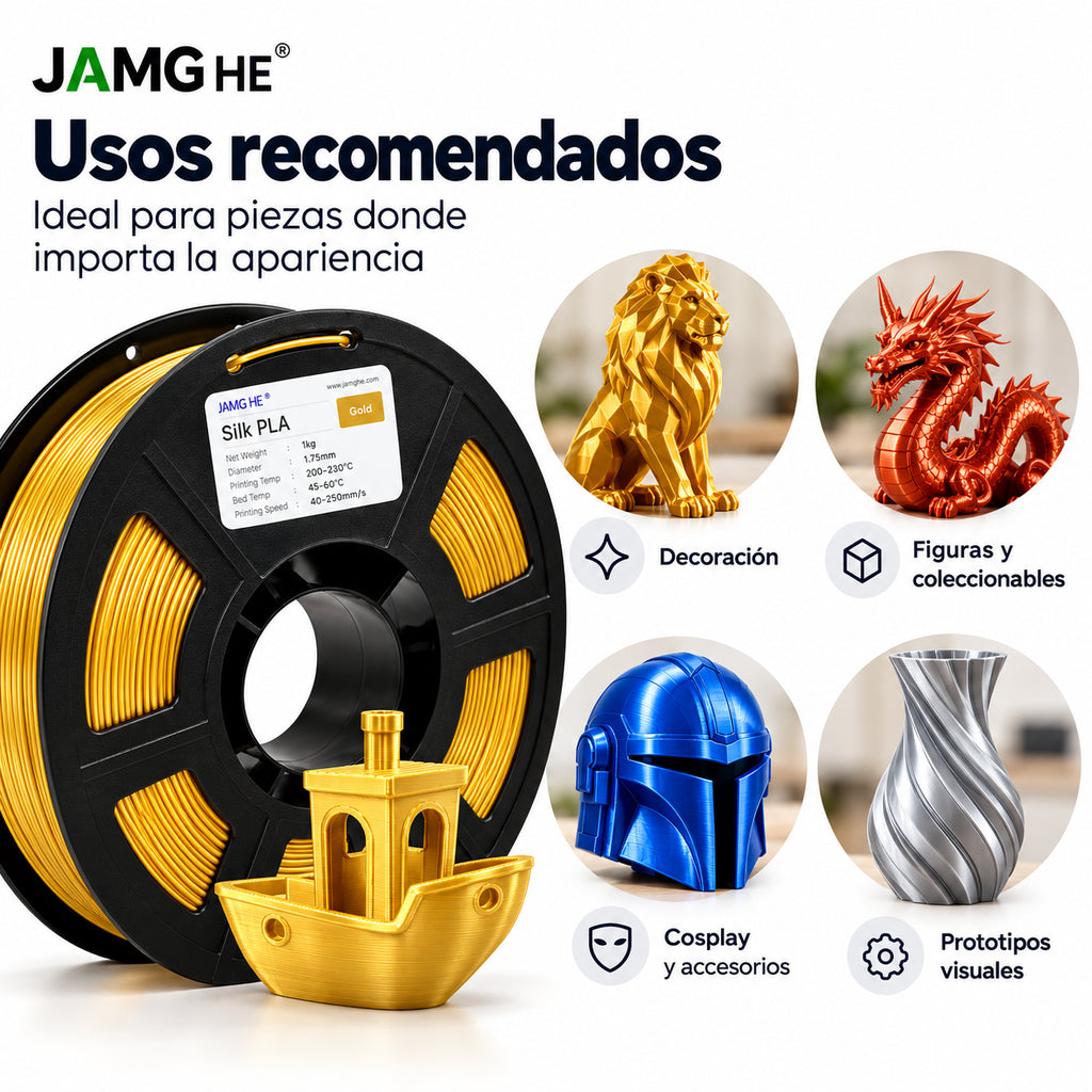 Usos recomendados del filamento JAMG HE Silk PLA.